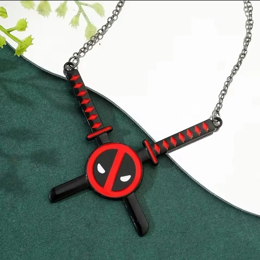 Marvel Deadpool Swords & Logo Necklace Black Tone Stainless Steel